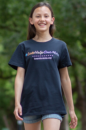 Girl in navy T with multicolour wording