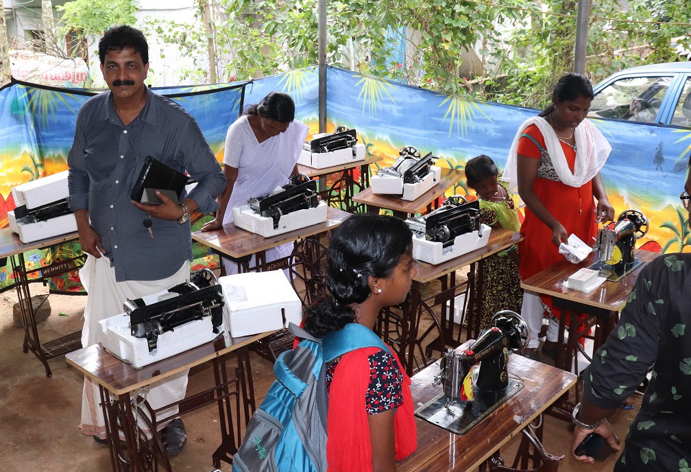 Women learning sewing